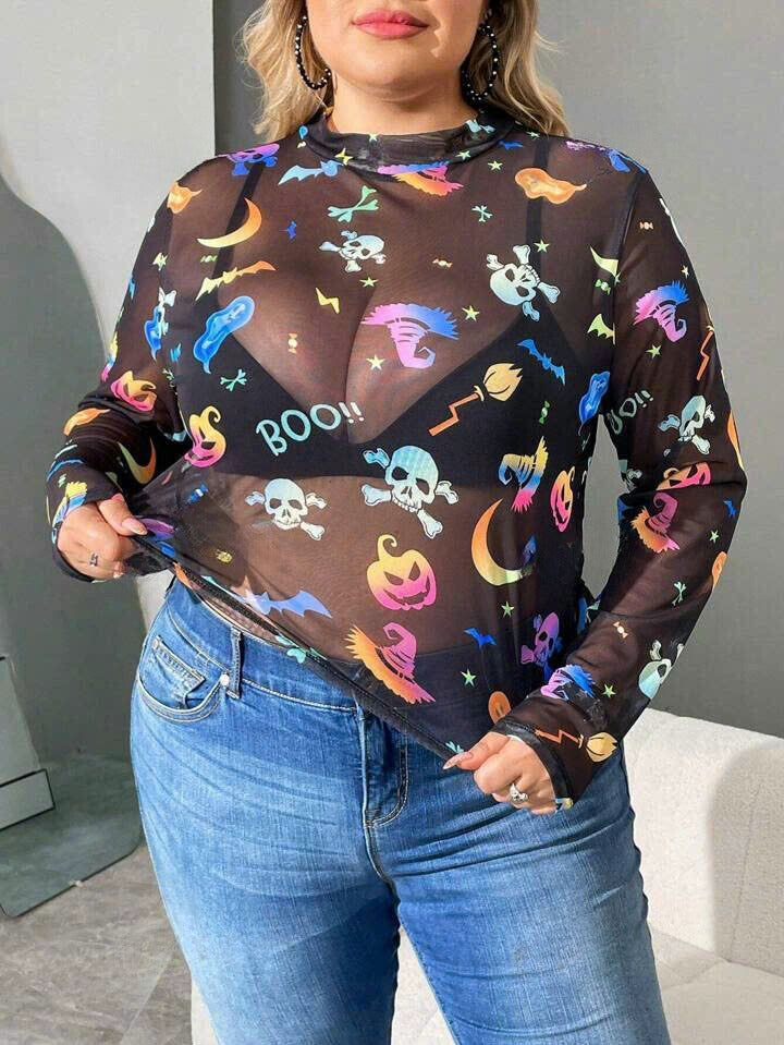 Halloween Print Mesh Top 6092