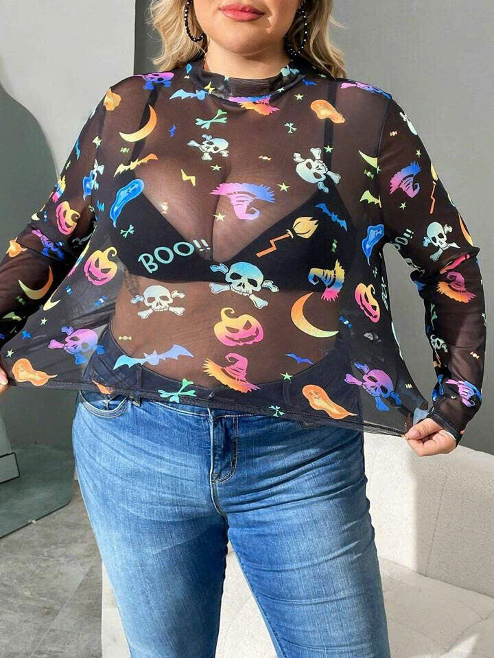 Halloween Print Mesh Top 6092