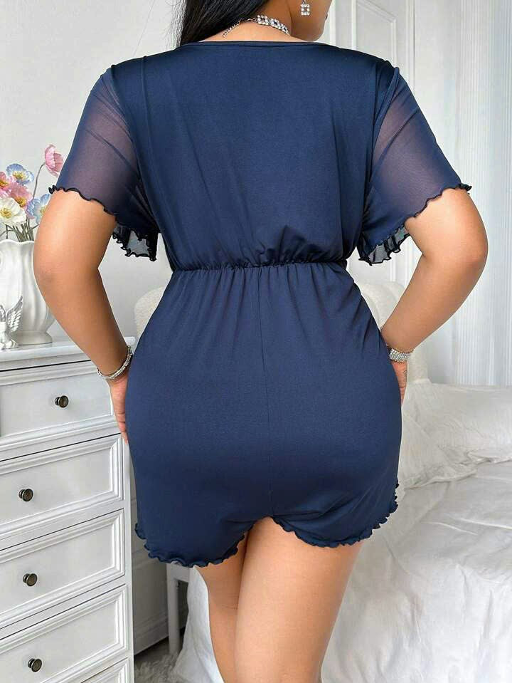 Lace Contrast Mesh Jumpsuit Pajamas 7063