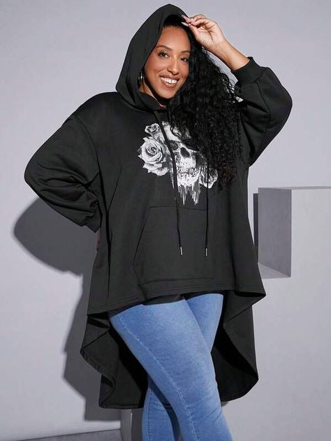 Floral Print Drop Shoulder Drawstring Hoodie 7102 (Size US22 - US34)