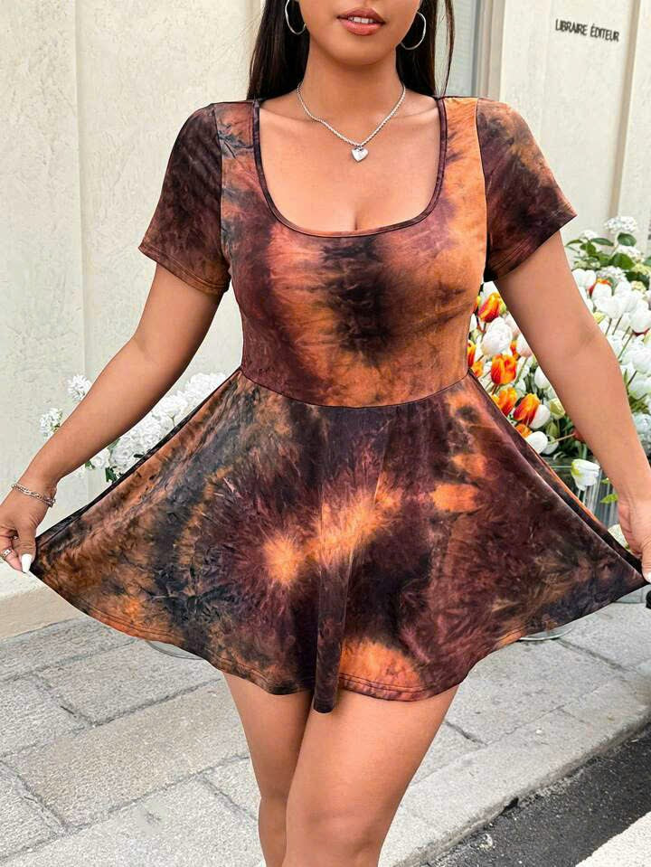 Tie-Dye Round Neck Short Sleeve Romper 1064