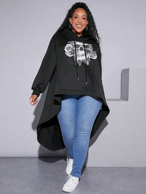 Floral Print Drop Shoulder Drawstring Hoodie 7102 (Size US22 - US34)