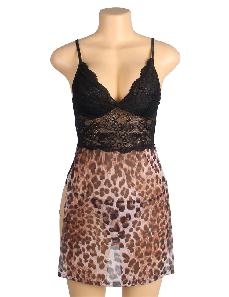 Floral Leopard Splicing Sleepwear Lingerie Set 19082