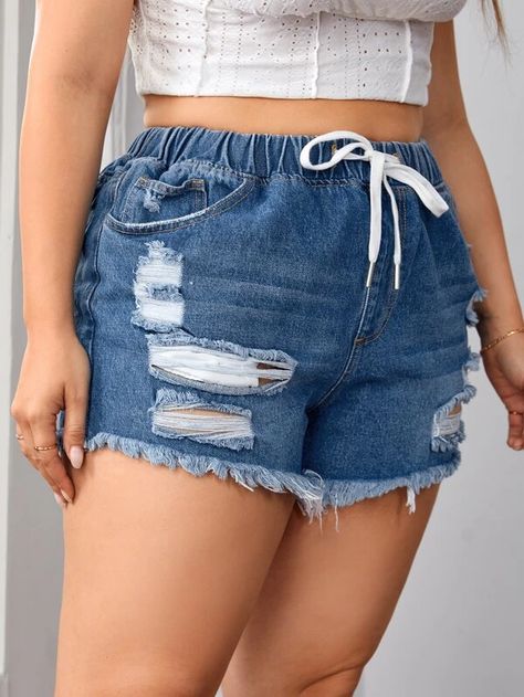 Drawstring Waist Ripped Raw Cut Denim Shorts (US12 - US20)