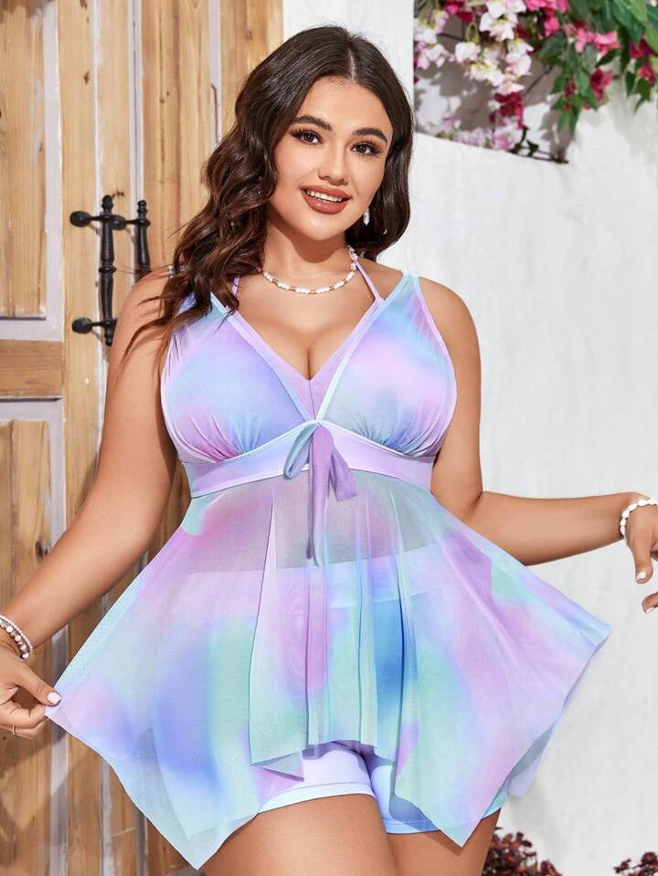 Ombre Asymmetrical Hem Strappy Tank Top And Shorts Bikini Set 2045