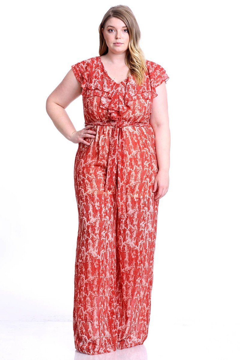 Abstract Print Ruffle Detail Jumpsuit CJ5105