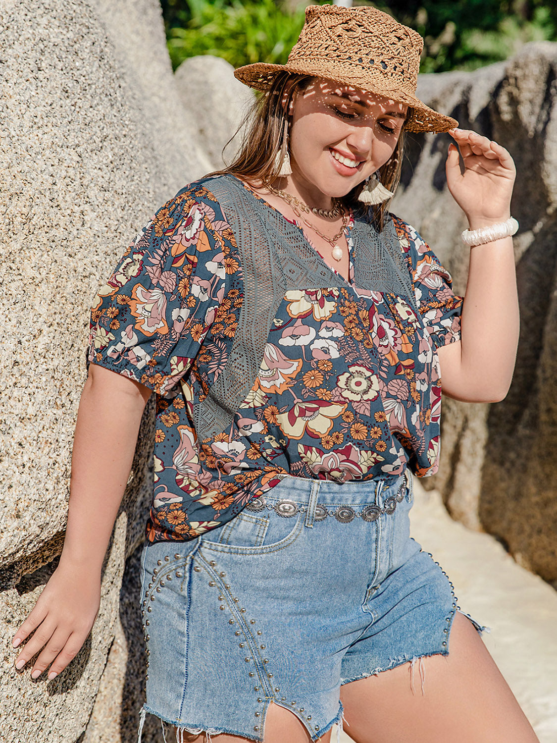 Printed Notched Half Sleeve Blouse