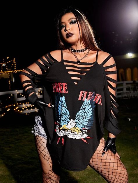 Eagle & Letter Graphic Ladder Cut Out Cold Shoulder Tee