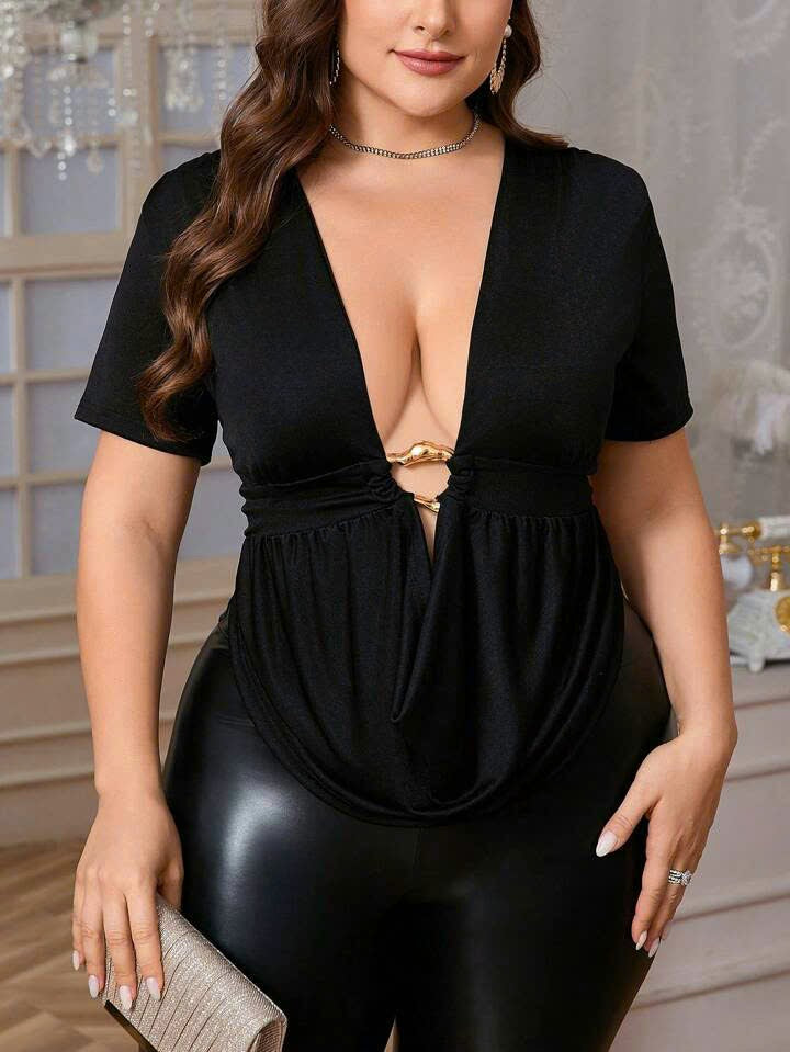 Ruched Draped Neck T-Shirt 7061