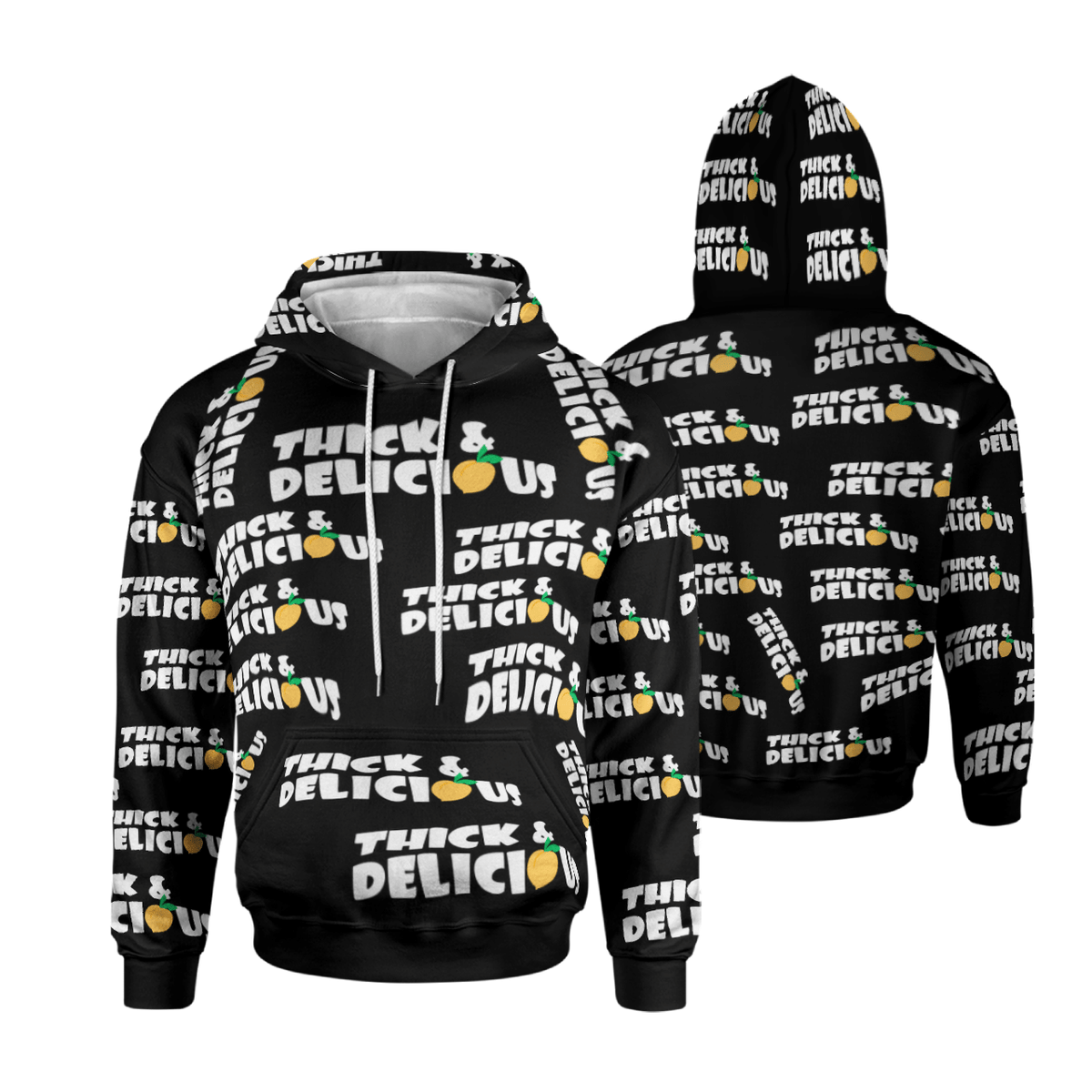 THICK &amp; DELICIOUS BLACK FULL AOP MULTI PIECE HOODIE