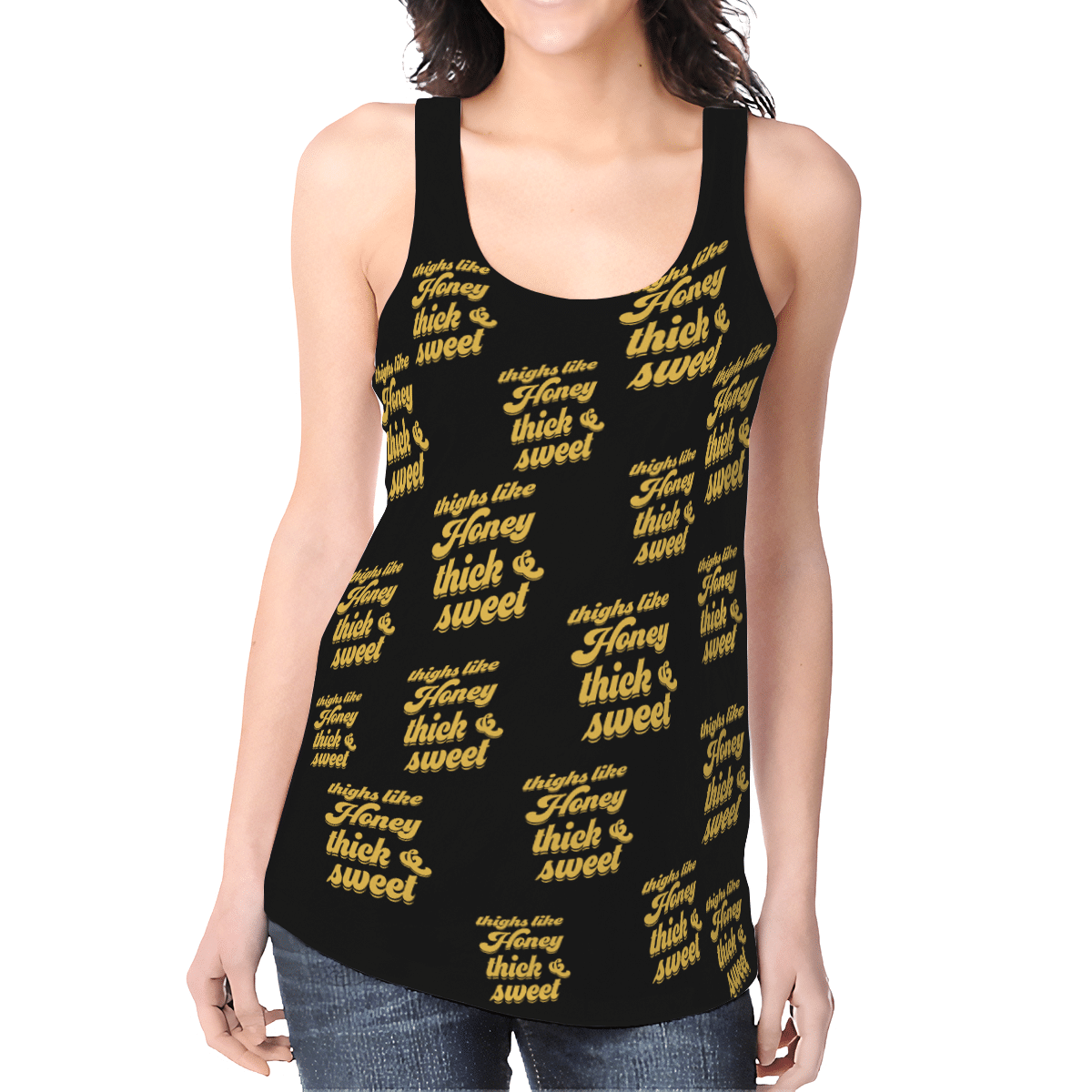 THIGHS LIKE HONEY THICK &amp; SWEET BLACK FULL HOLLOW OUT TANK TOP