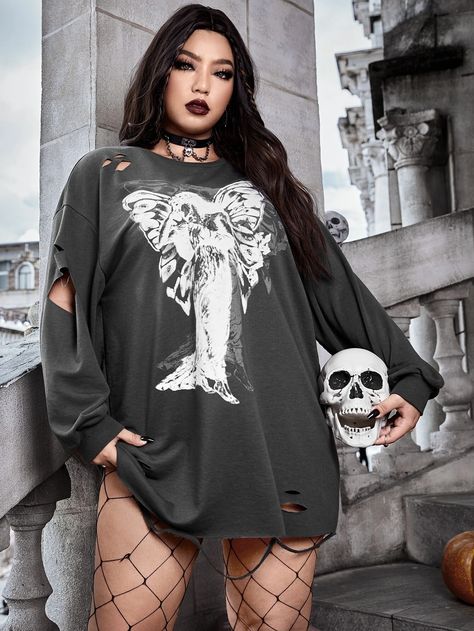 Butterfly & Graphic Print Ripped Drop Shoulder Sweatshirt Dress