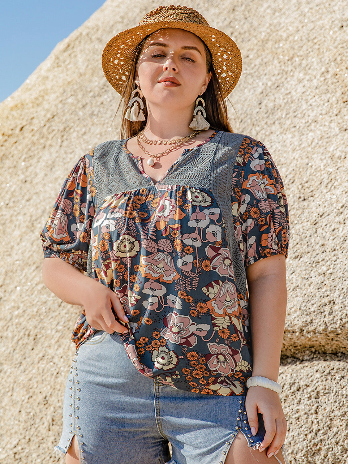 Printed Notched Half Sleeve Blouse