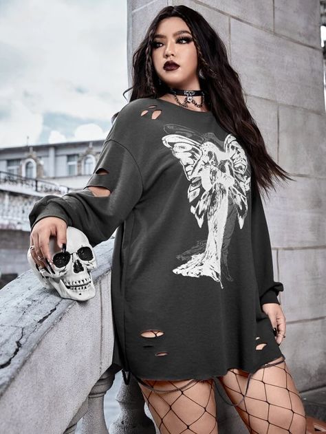 Butterfly & Graphic Print Ripped Drop Shoulder Sweatshirt Dress