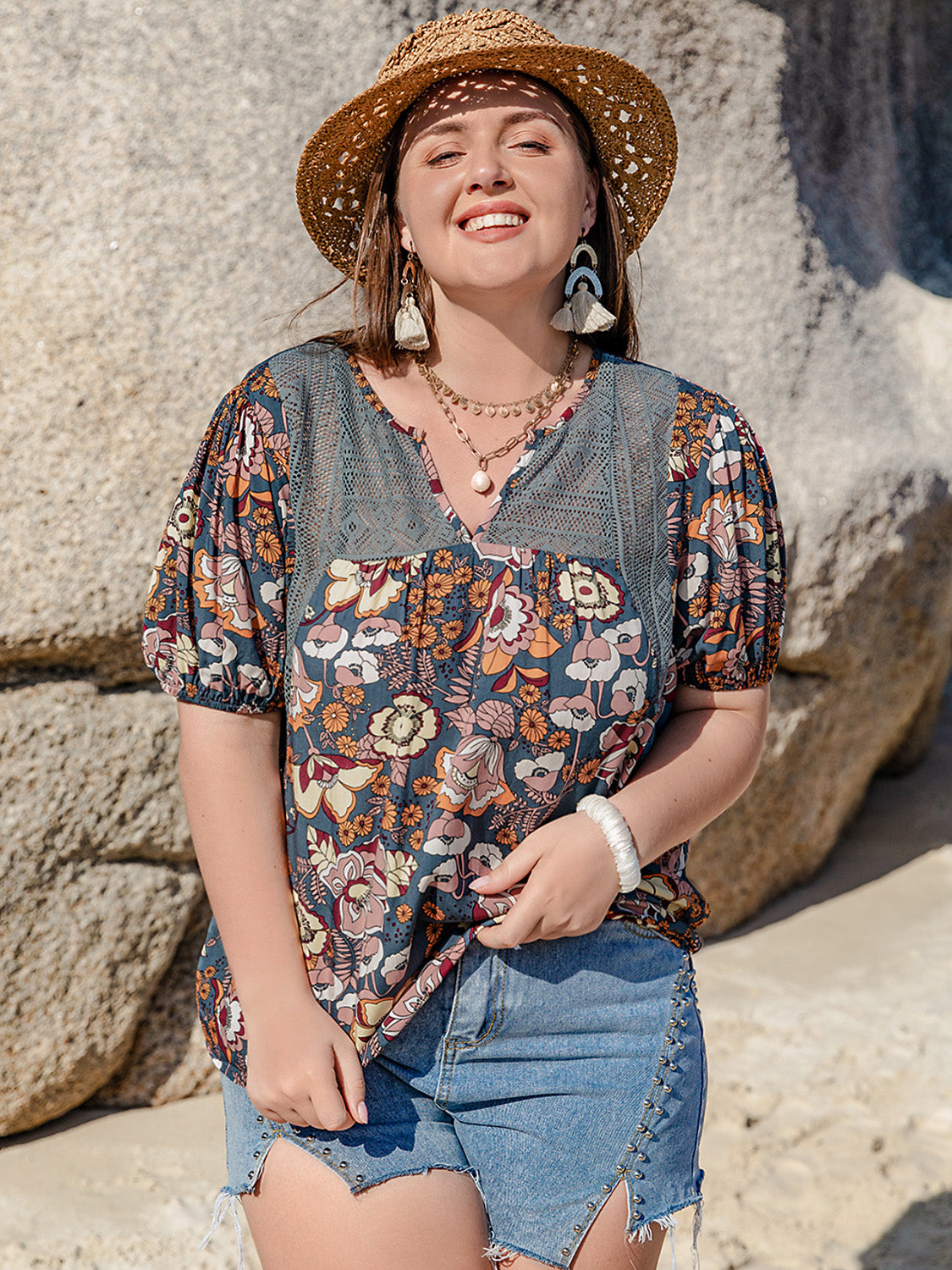 Printed Notched Half Sleeve Blouse