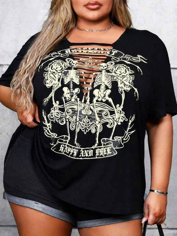 Skeleton & Slogan Print Short Sleeve T-Shirt 4091