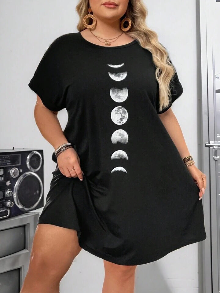 Casual Loose Moon Print Round Neck Short Sleeve Dress 6081