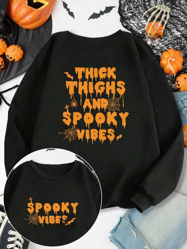 Halloween Spider Web & Slogan Graphic Sweatshirt 21091