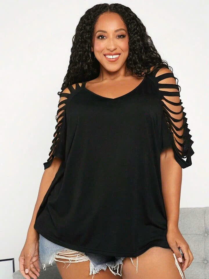 Women's V-Neck Short Sleeve Ripped T-Shirt 6091