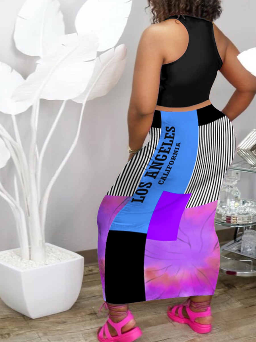 LETTER PRINT STRIPED TIE DYE SKIRT SET CB1407