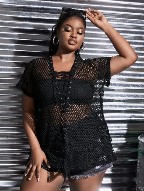 Grommet Lace Up Slit Hem Mesh Top Without Tube Top (Size US12 - US20)