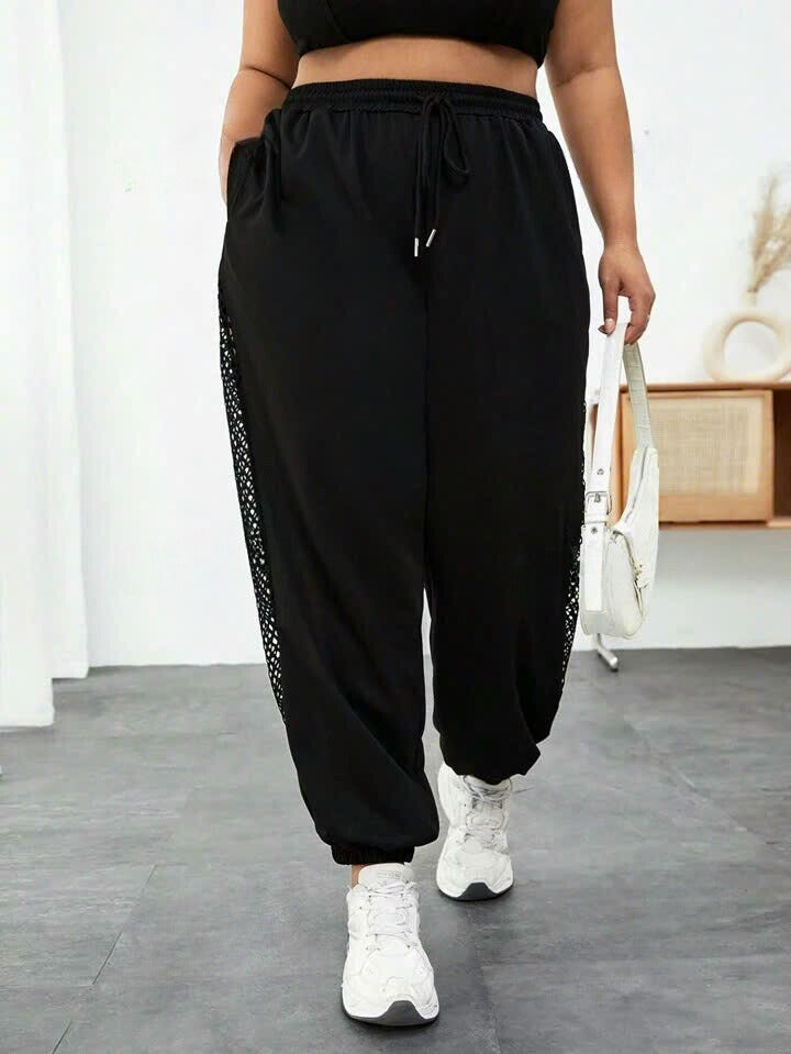 Drawstring Waist Fishnet Patchwork Baggy Sweatpants 12091