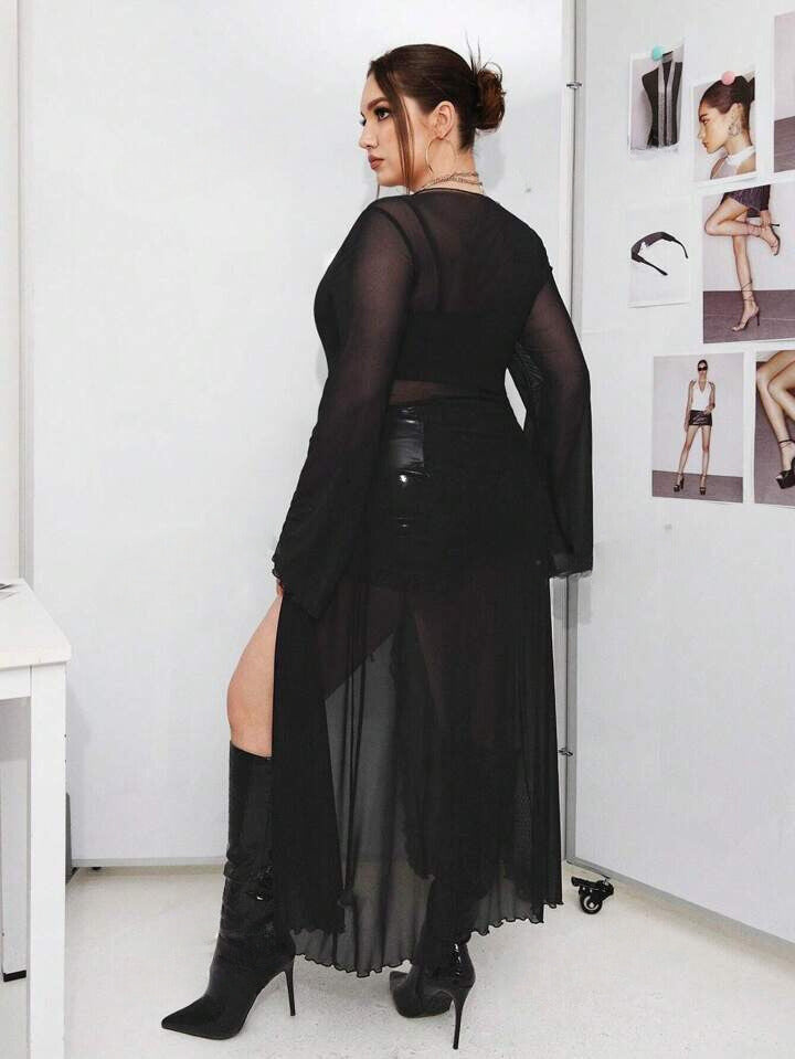 Black Sheer Front-Open Long Top With Flare Sleeves 6082