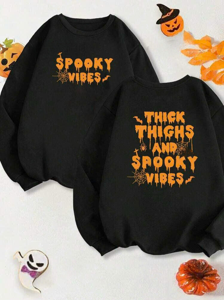 Halloween Spider Web & Slogan Graphic Sweatshirt 21091