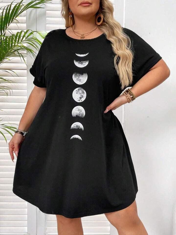 Casual Loose Moon Print Round Neck Short Sleeve Dress 6081
