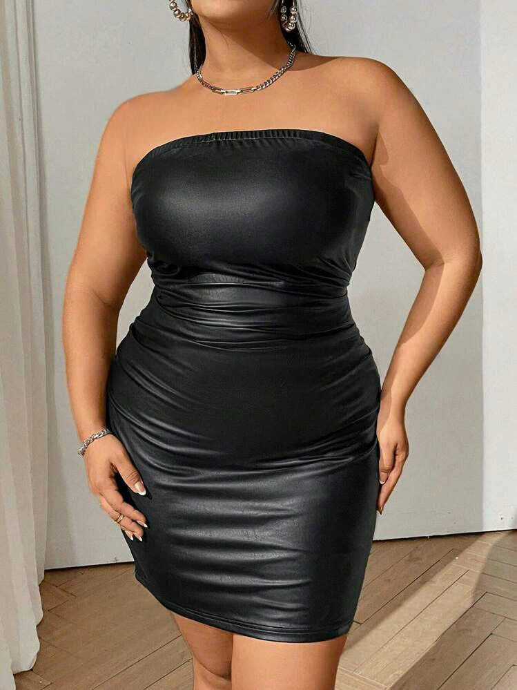 Pleated Faux Leather Dress 90101