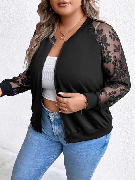 Contrast Lace Raglan Sleeve Zip Up Bomber Jacket