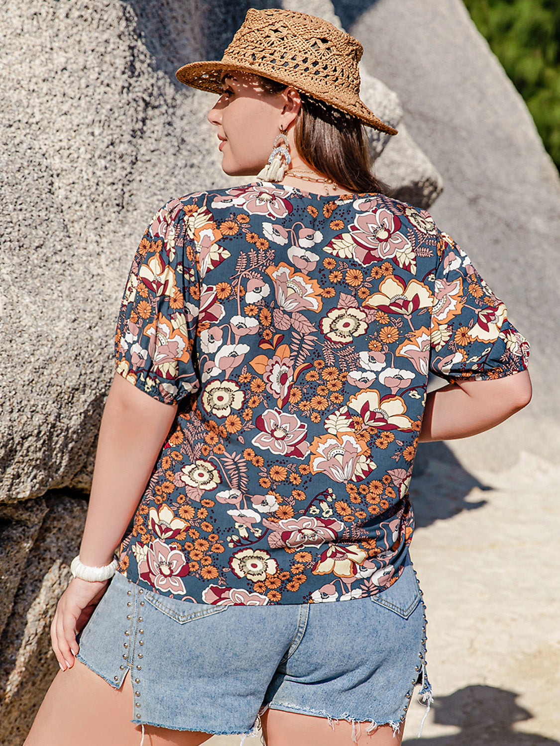 Printed Notched Half Sleeve Blouse