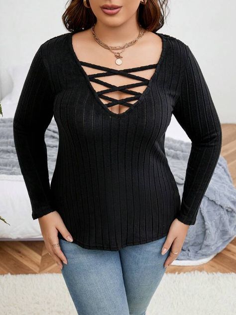 Crisscross Front Ribbed Knit Tee