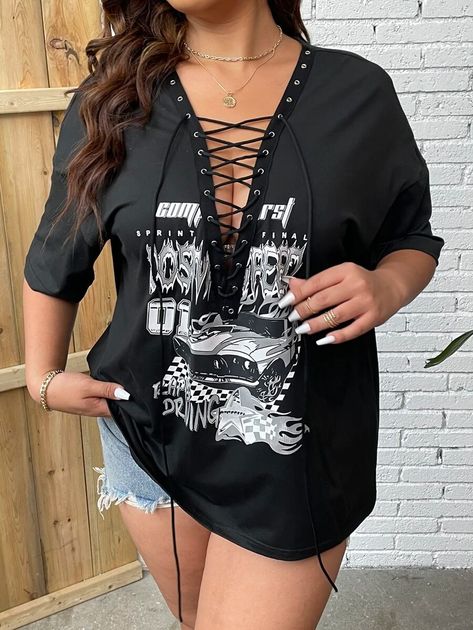 Car & Letter Graphic Lace Up Front Drop Shoulder Tee (Size US12 - US34)