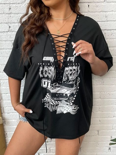 Car & Letter Graphic Lace Up Front Drop Shoulder Tee (Size US12 - US34)