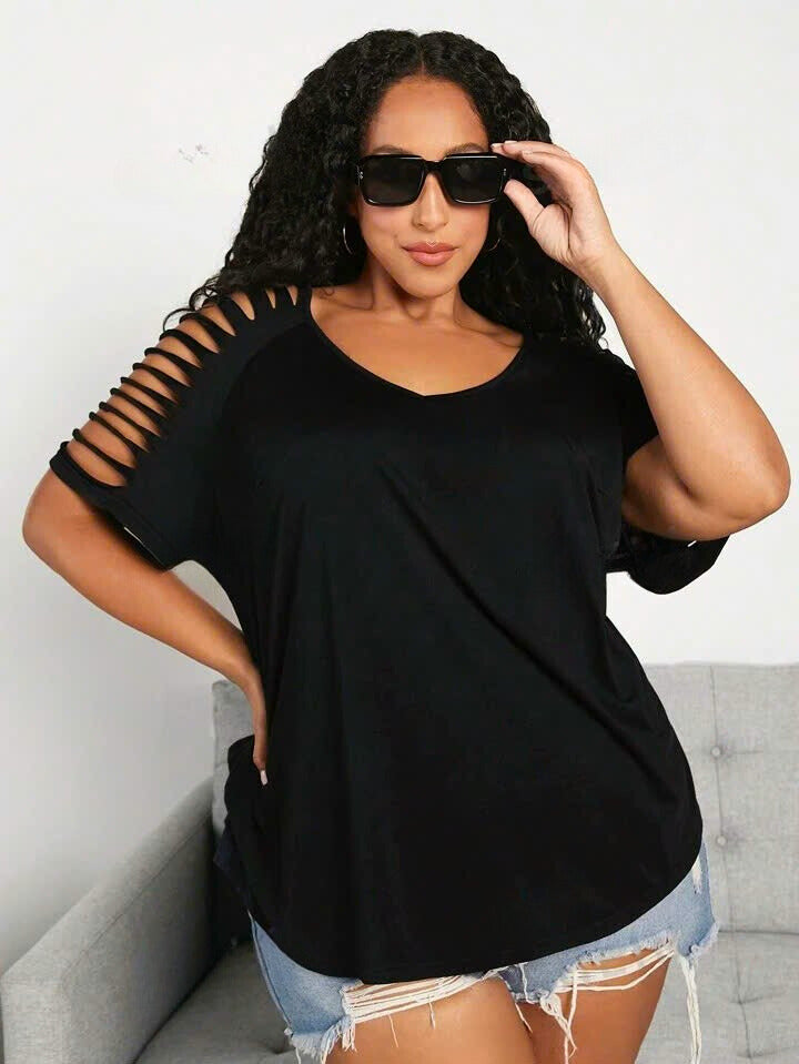 Women's V-Neck Short Sleeve Ripped T-Shirt 6091