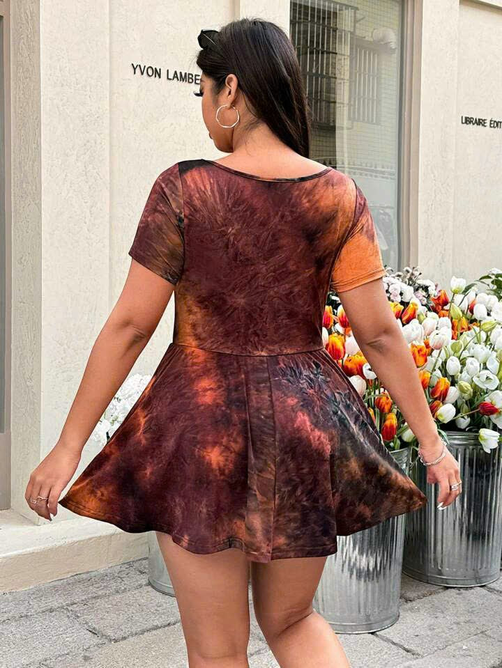 Tie-Dye Round Neck Short Sleeve Romper 1064