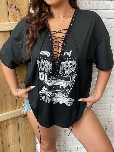 Car & Letter Graphic Lace Up Front Drop Shoulder Tee (Size US12 - US34)