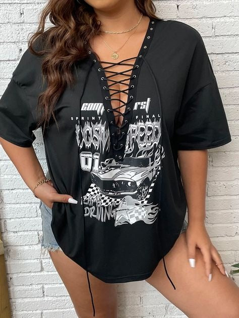 Car & Letter Graphic Lace Up Front Drop Shoulder Tee (Size US12 - US34)