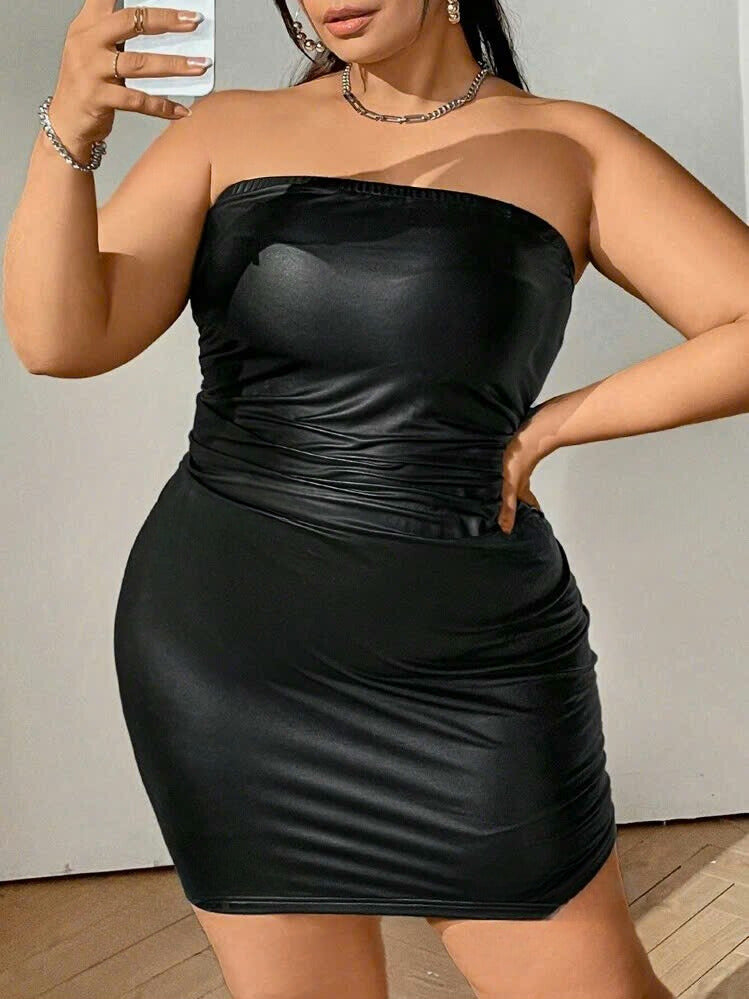 Pleated Faux Leather Dress 90101