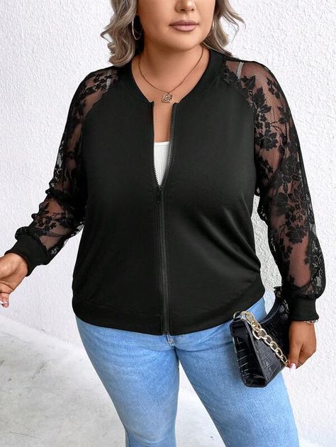 Contrast Lace Raglan Sleeve Zip Up Bomber Jacket