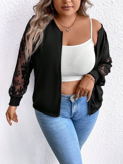 Contrast Lace Raglan Sleeve Zip Up Bomber Jacket