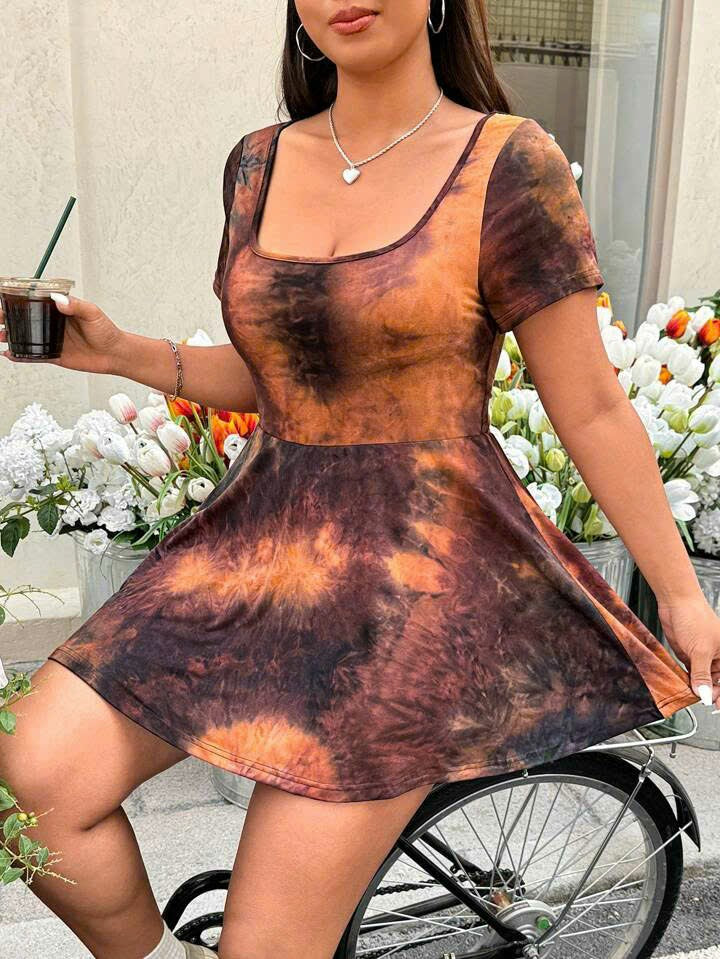 Tie-Dye Round Neck Short Sleeve Romper 1064