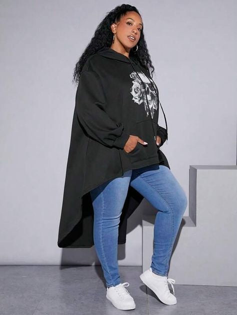 Floral Print Drop Shoulder Drawstring Hoodie 7102 (Size US22 - US34)