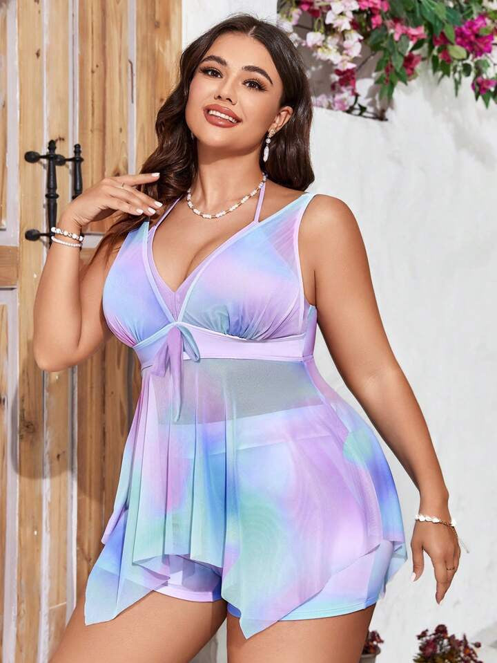 Ombre Asymmetrical Hem Strappy Tank Top And Shorts Bikini Set 2045