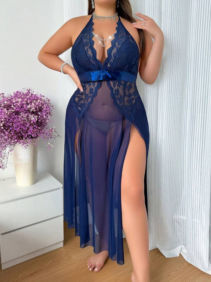 Halterneck Lace Nightgown With Backless And Waist Tie 1072