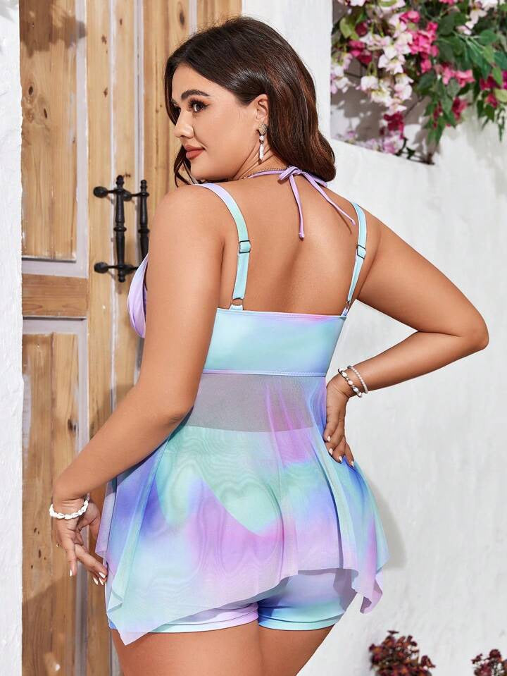 Ombre Asymmetrical Hem Strappy Tank Top And Shorts Bikini Set 2045