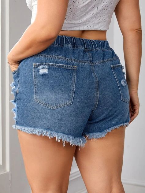 Drawstring Waist Ripped Raw Cut Denim Shorts (US12 - US20)
