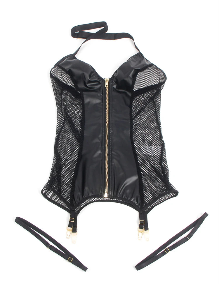 Sexy Mesh Leather Babydoll with Leg Ring 10102