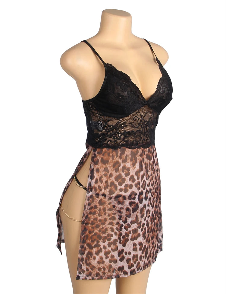 Floral Leopard Splicing Sleepwear Lingerie Set 19082